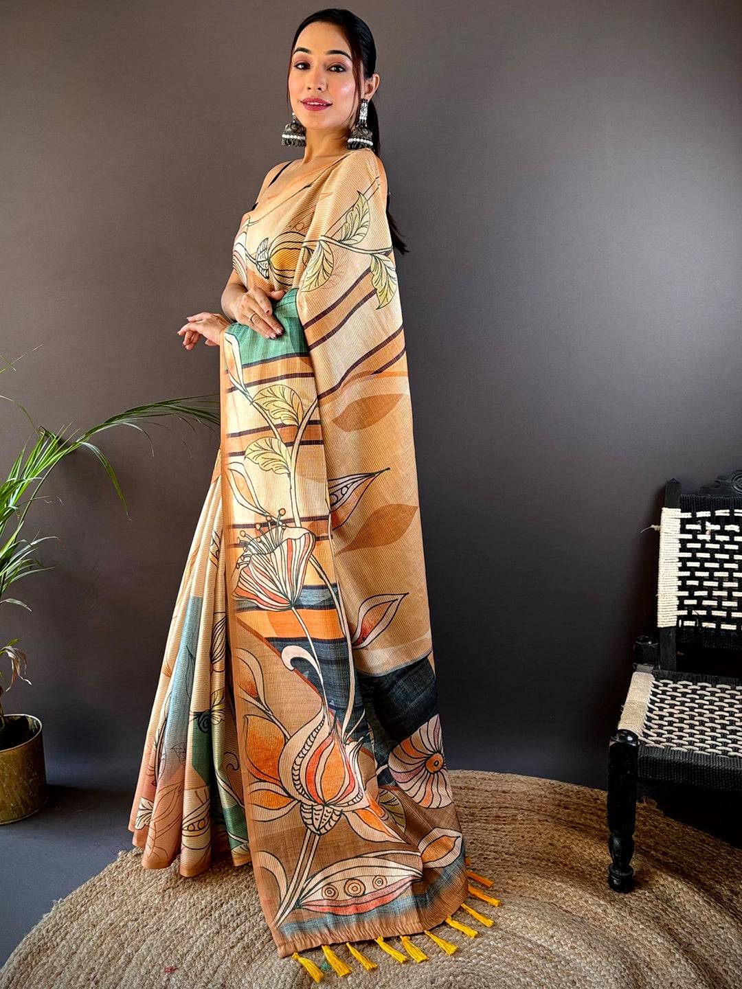 Peach Zari Tussar Printed Saree by My Store