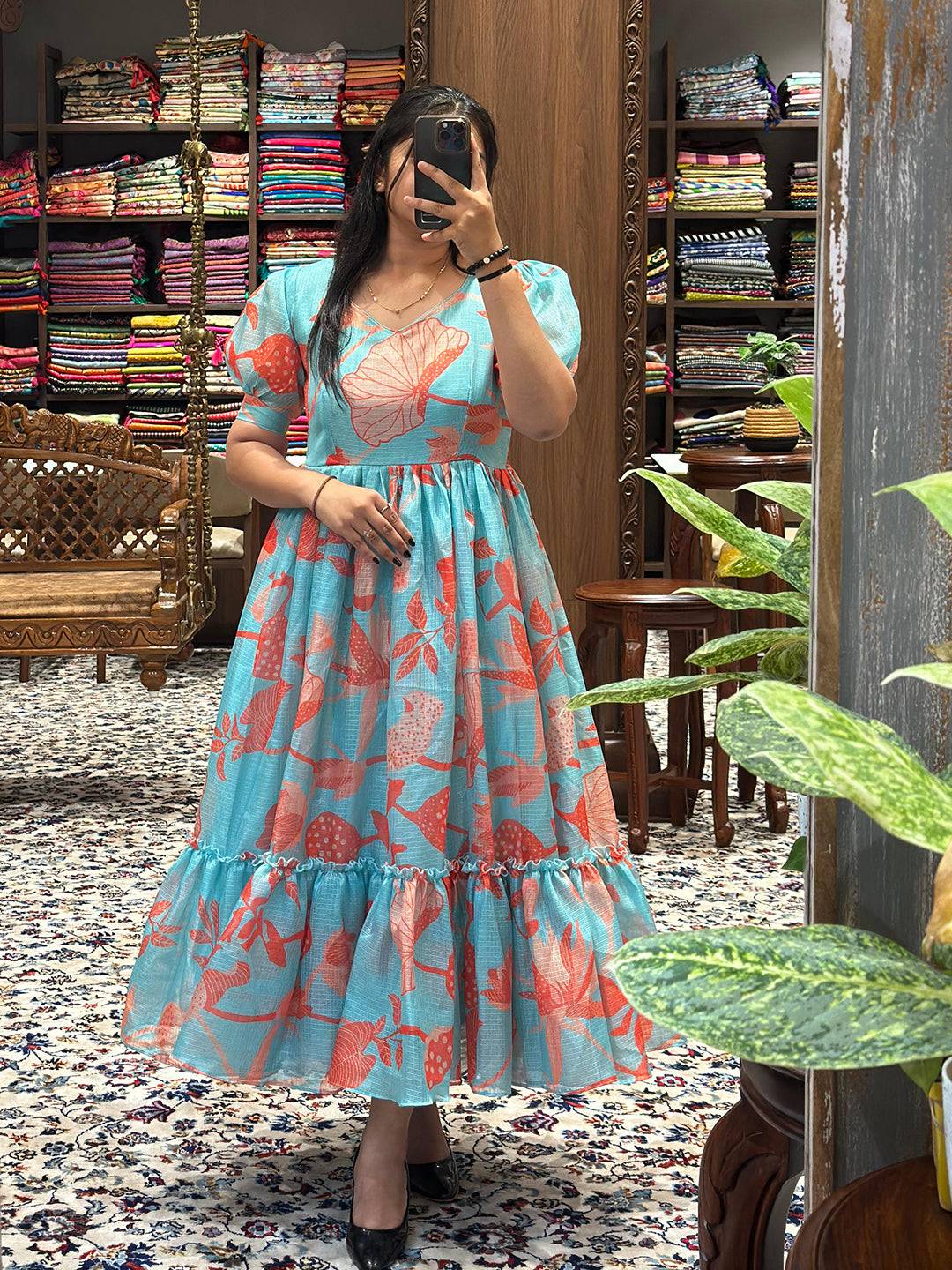 Sea Blue Floral Print Dress by My Store