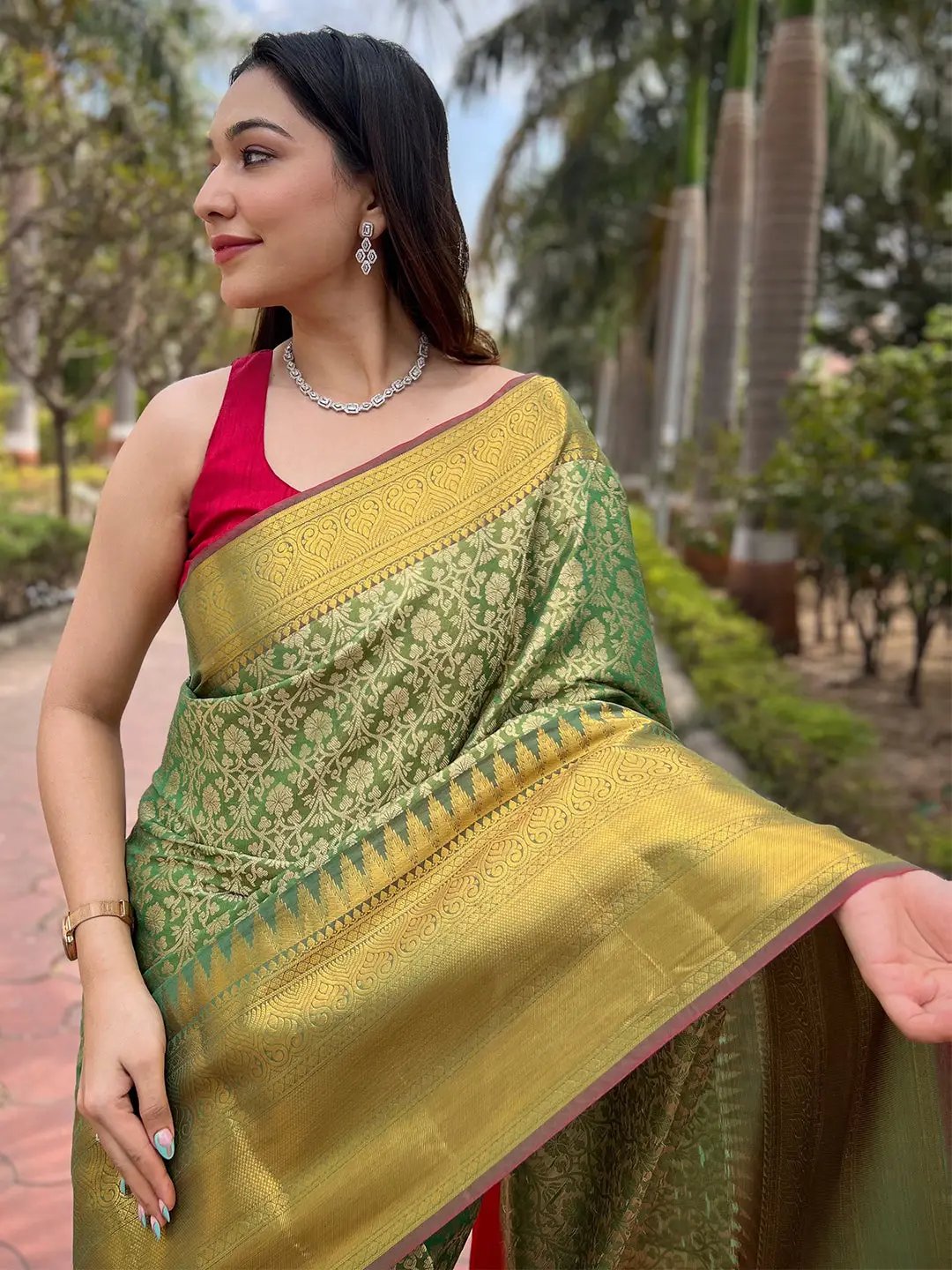 Pista Colour One Gram Gold Tissue Saree With Jacquard Woven Work by My Store