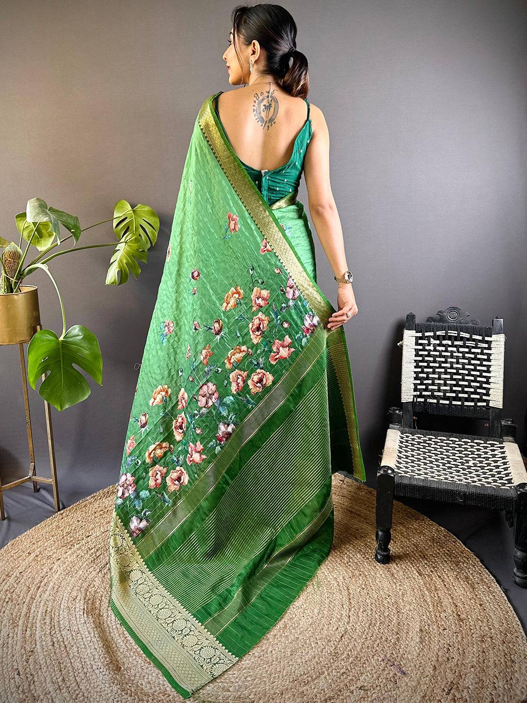 Green Floral Zari Chex Saree by My Store