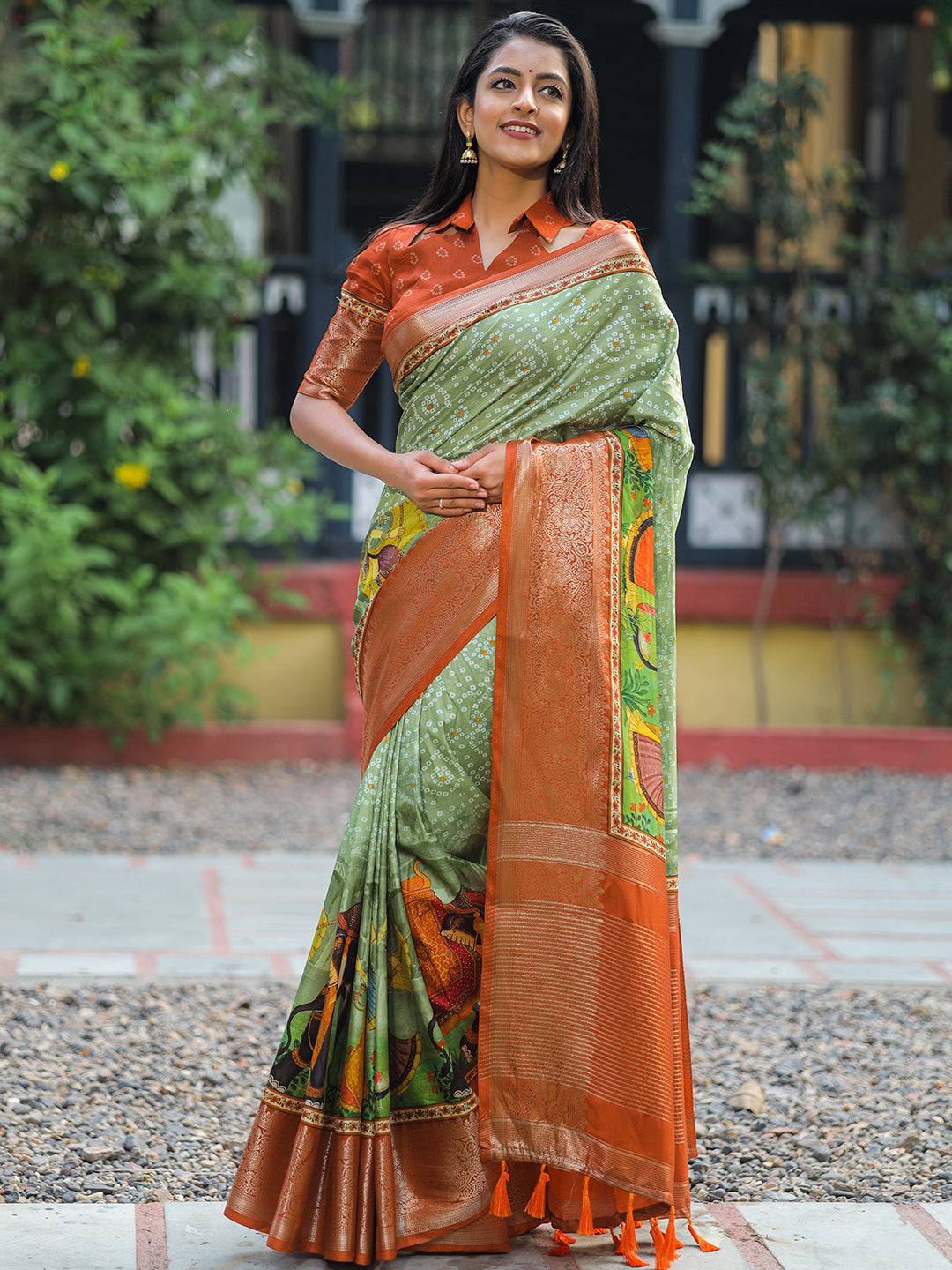 Pista Pure Viscose Dola Silk Saree with Exquisite Bhandhej Print - Luxe by My Store
