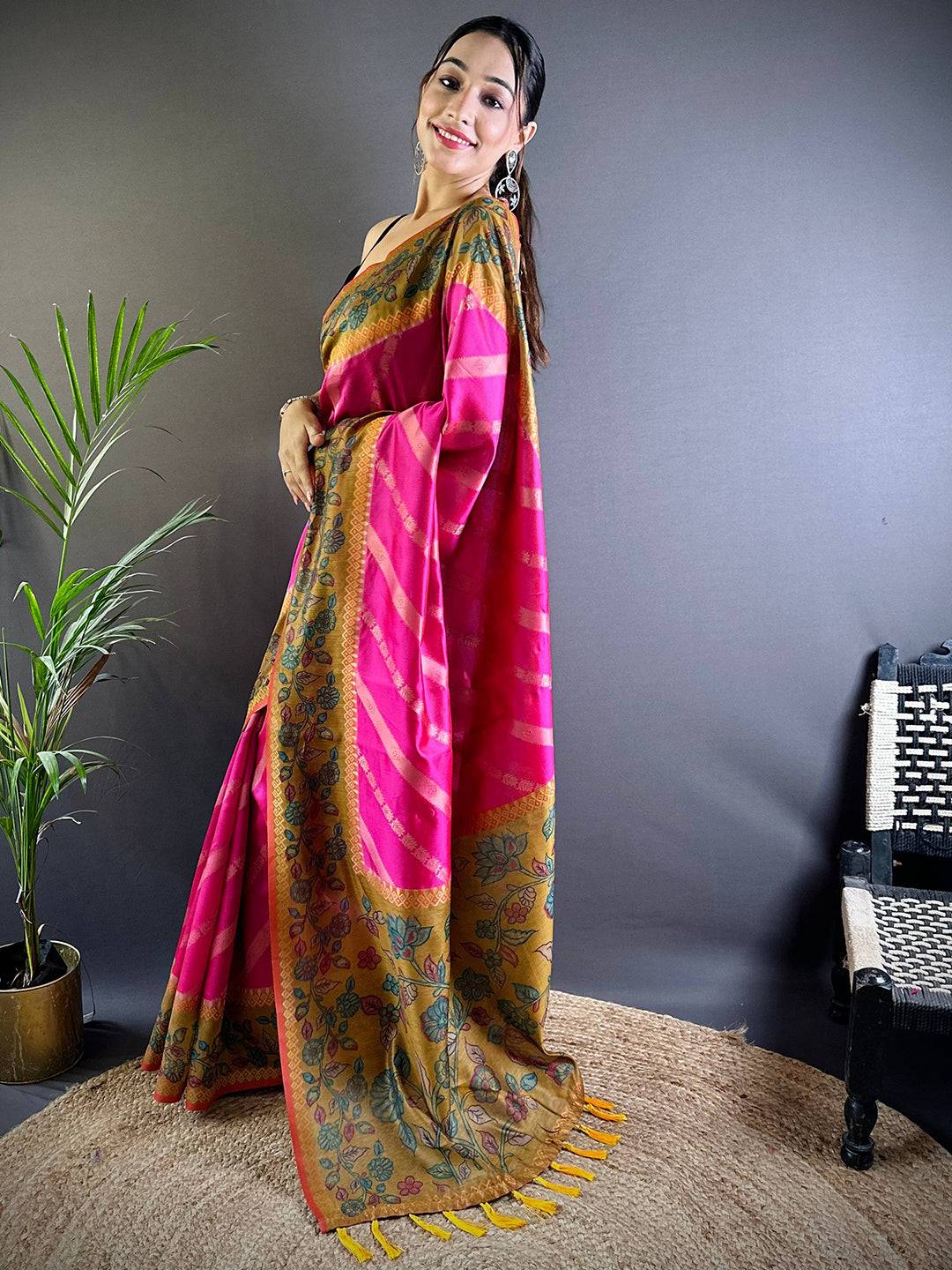 Pink Gold Zari And Kalamkari Print Saree by My Store