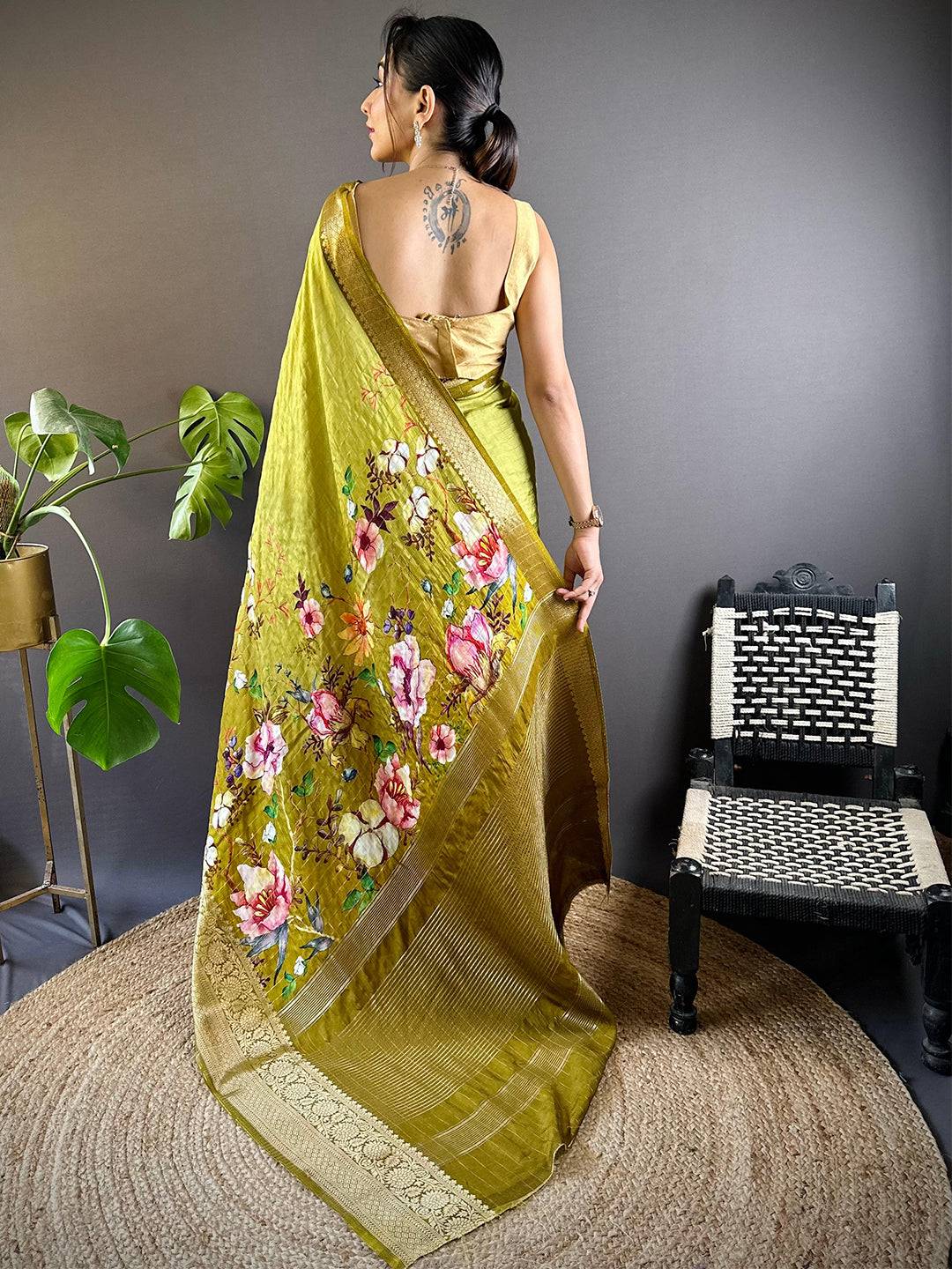 Light Green Floral Zari Chex Saree by My Store