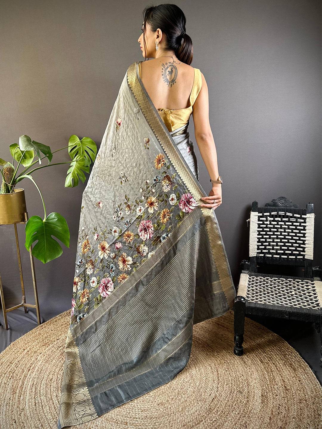 Grey Floral Zari Chex Saree by My Store
