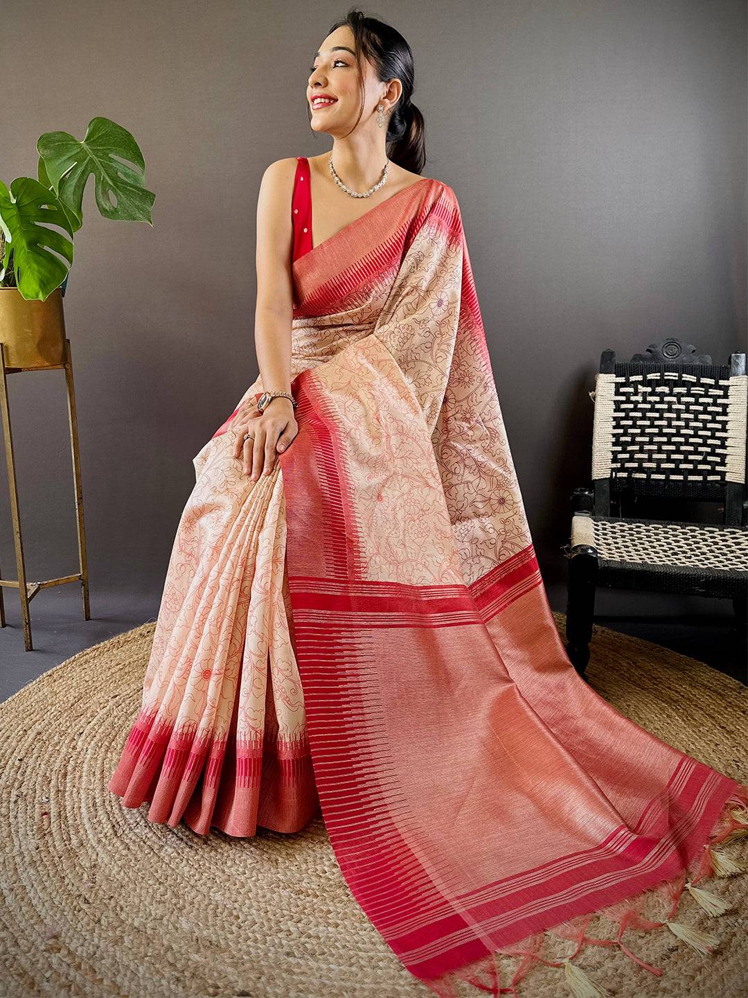 Rust Floral Tussar Silk Saree by My Store