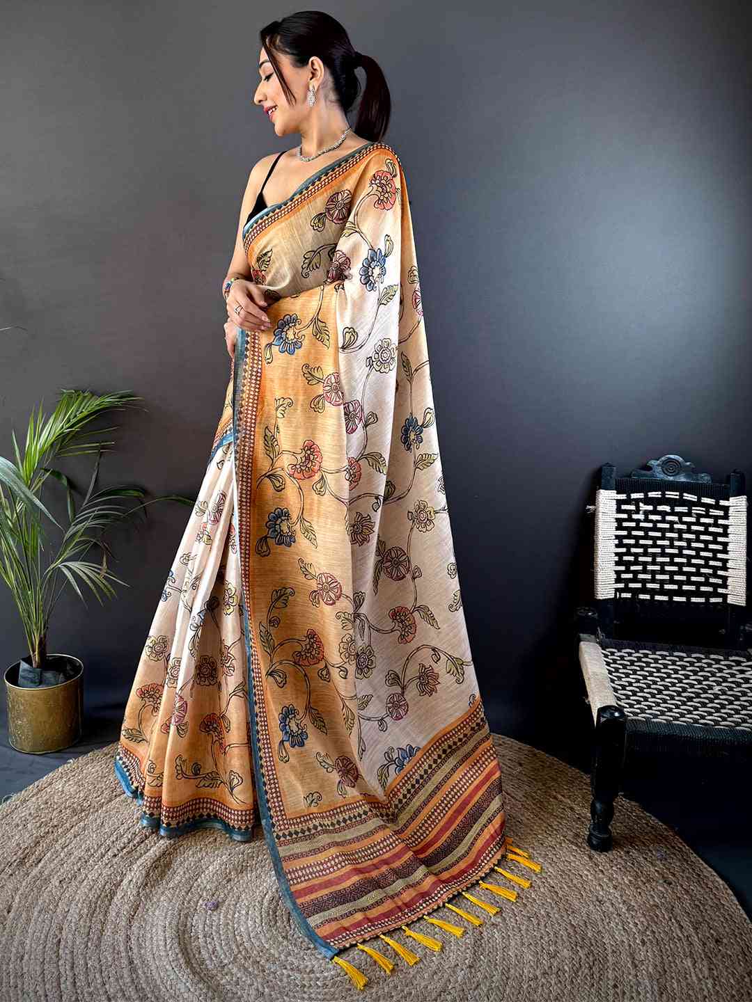 Radiant Orange Zari Tussar Floral Saree by My Store