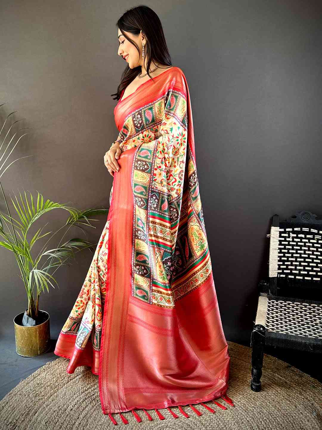 Cream Mughal Kalamkari Print Pashmina Saree by My Store