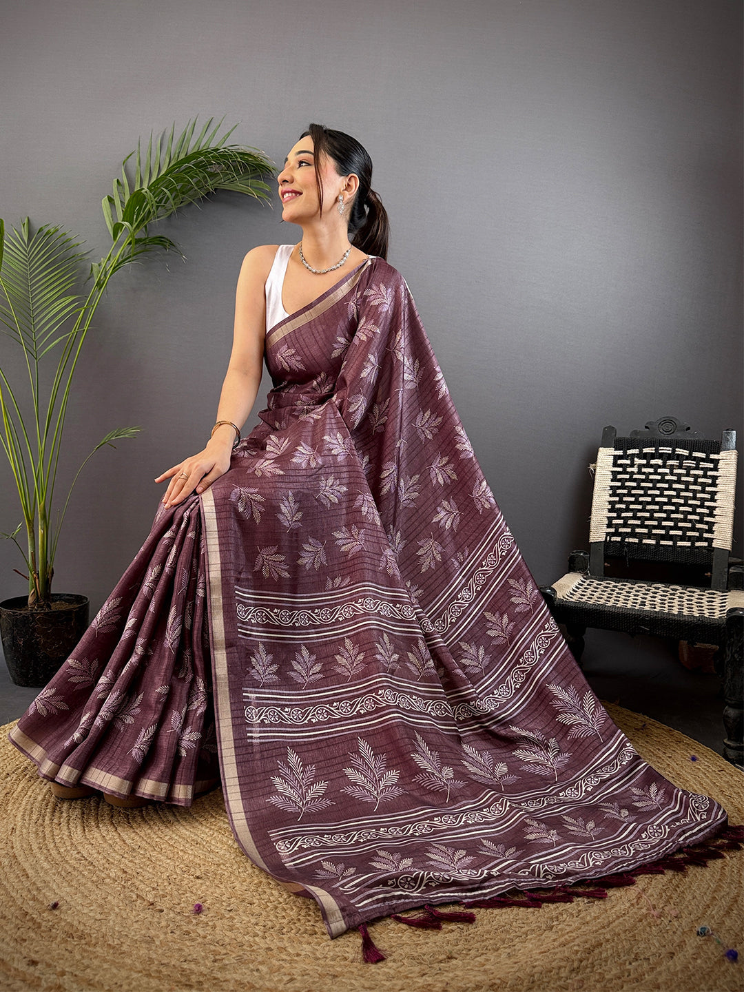 Dark Wine Leaf Print Ghicha Handloom Saree by My Store