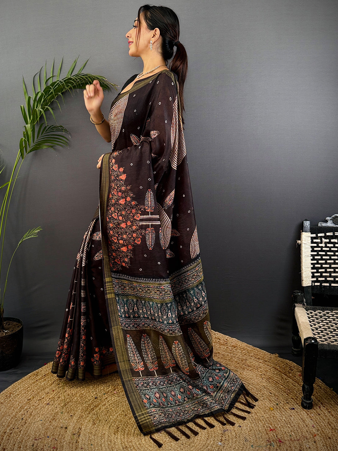 Deep Brown Linen Ajarak Print Saree by My Store