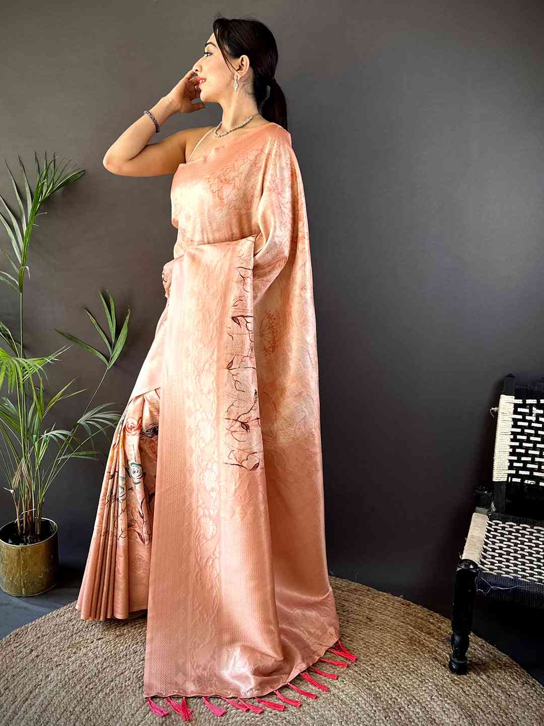 Salmon Pink Kanjivaram Digital Silk Saree by My Store