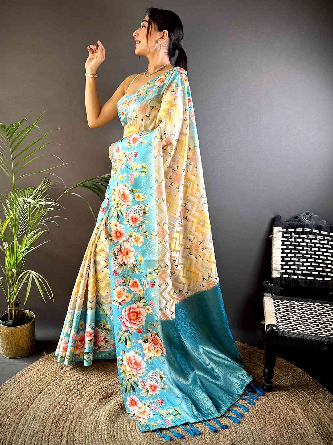 Sky Blue Zari Zigzag Kota Doriya Saree by My Store