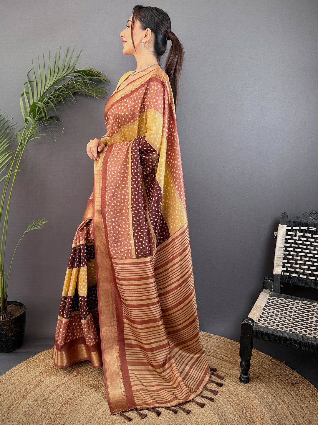 Brown Soft Dola Bandhej Print Saree by My Store