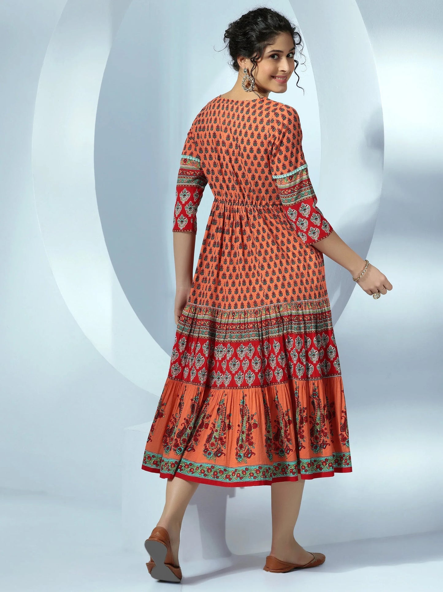 Orange Printed Fit and Flare Cotton Dress by My Store