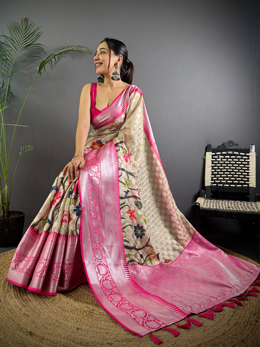 Elegant Cream Kora Tissue Saree by My Store