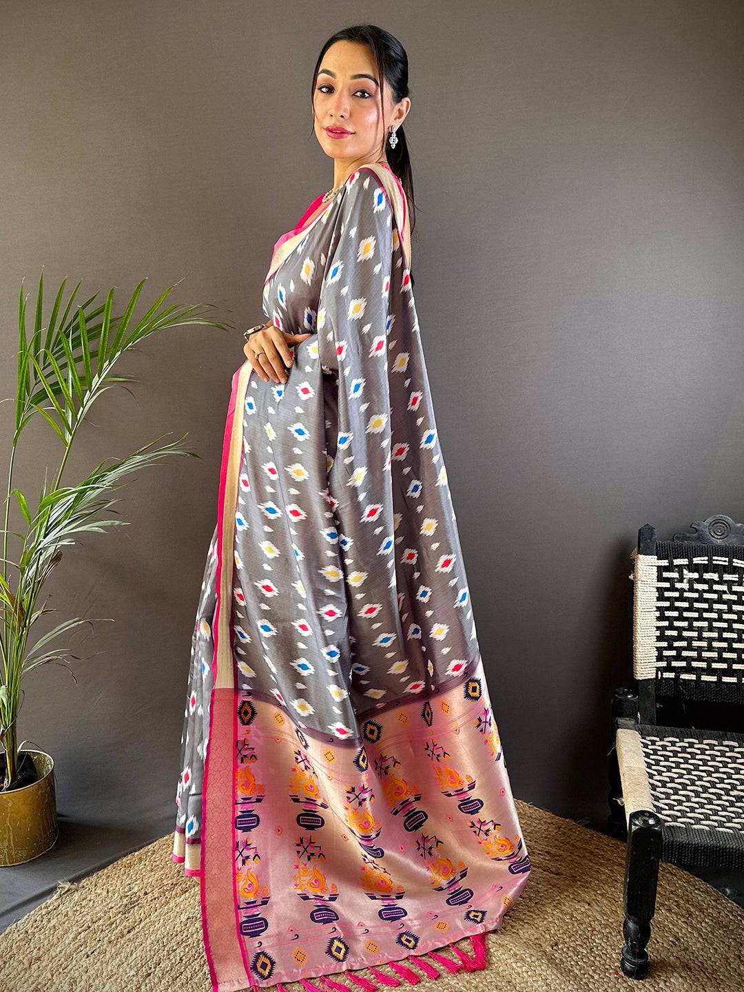 Grey Ikkat Paithani Soft Silk Saree by My Store