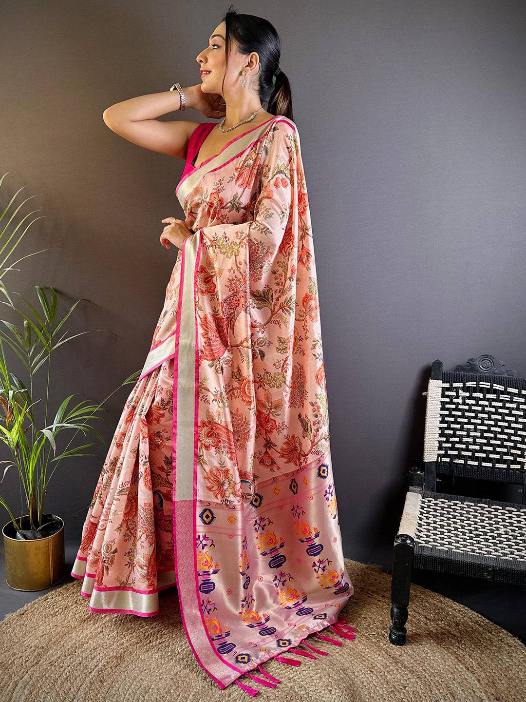 Peach Radiance Phulkari Silk Saree by My Store