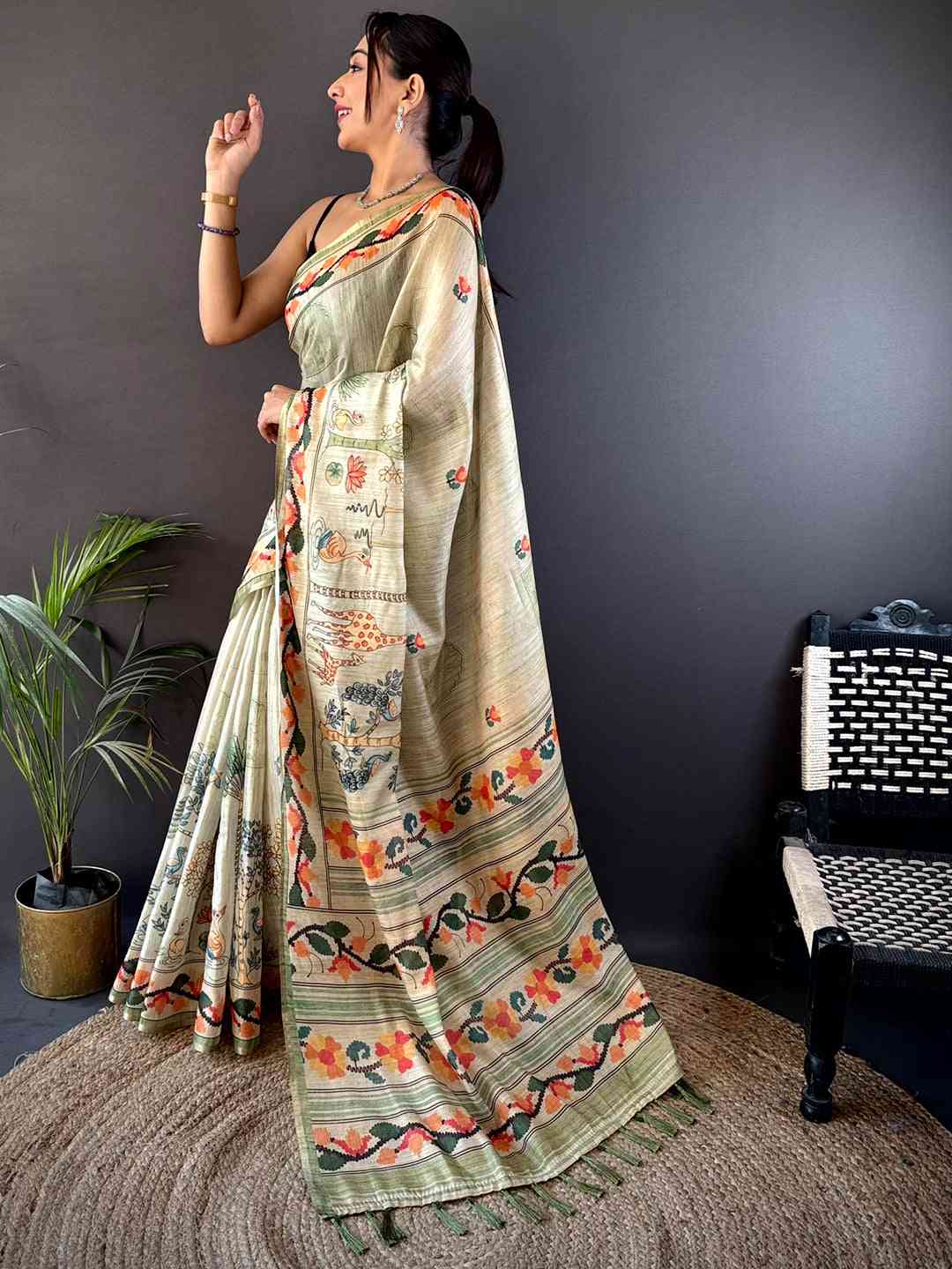 Swamp Green Jungle Floral Zari Tissue Saree by My Store