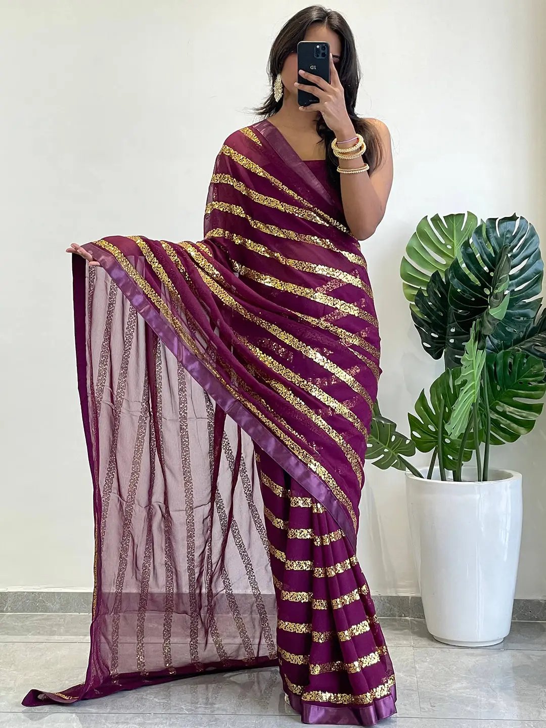 Modern Elegance Georgette Saree with Striped Sequins Work and Solid Border by My Store