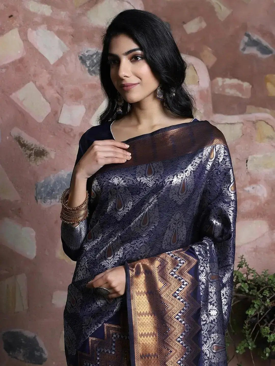 Navy Colour Kanjivaram Silk Saree With Zari Work by My Store