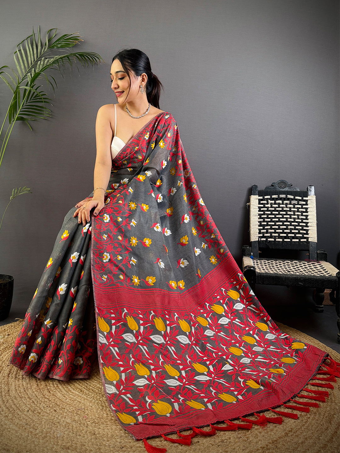 Royal Grey Dhakai Cotton Silk Saree by My Store