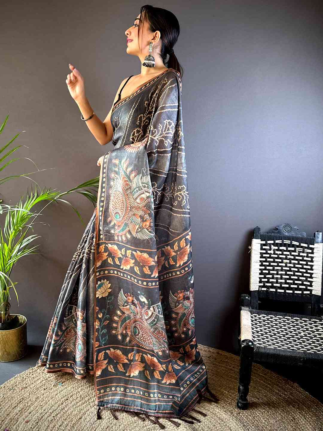 Grey Chanderi Bandhej Digital Print Saree by My Store