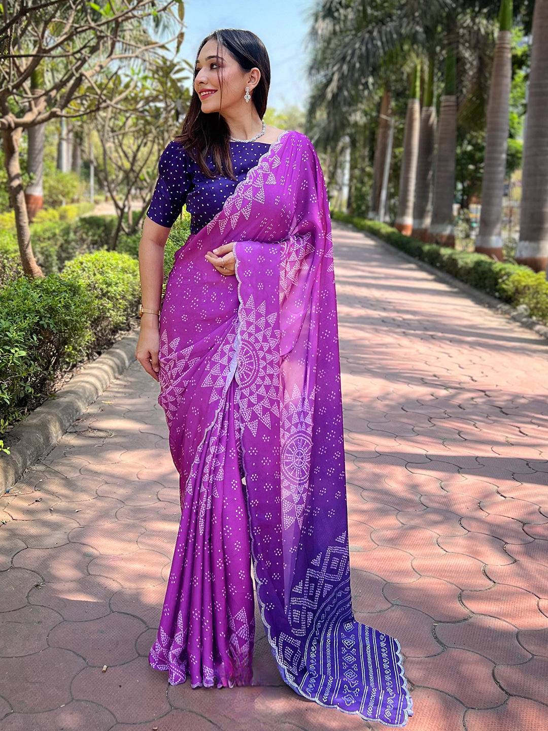 Purple Georgette Silk Saree with Ombre Bandhej Print & Swaroski Stone Work by My Store