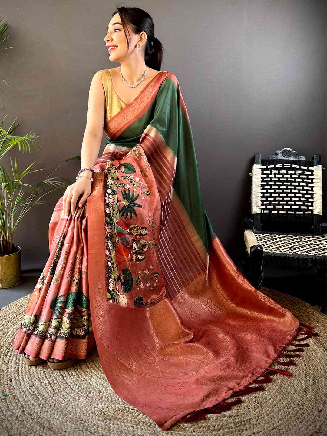 Dark Green Kalamkari Ombre Soft Silk Saree by My Store