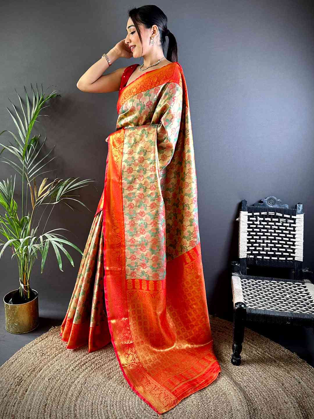 Radiant Red Floral Dharmavaram Silk Saree by My Store