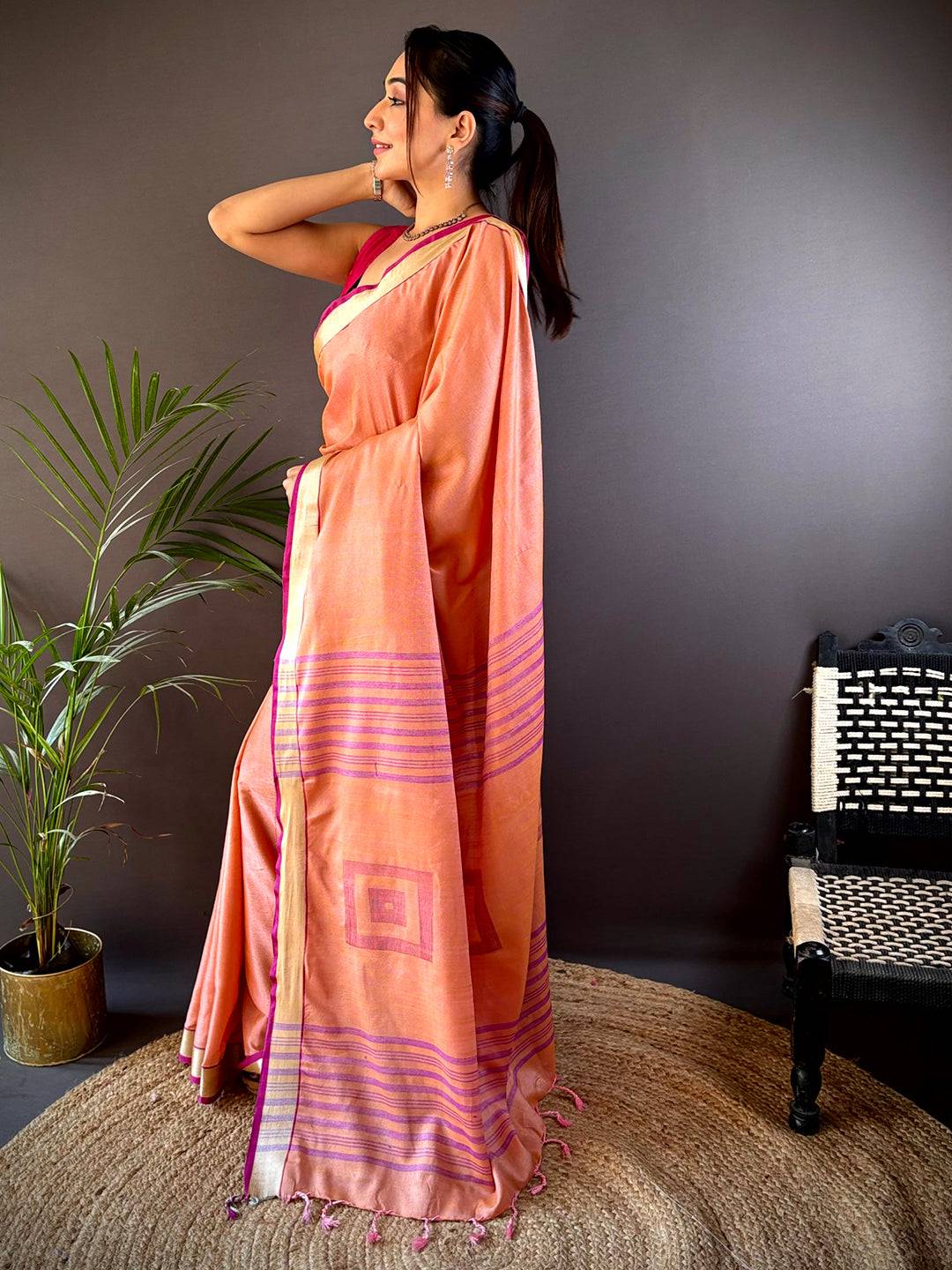 Peach Linen Zari Weaving Saree
