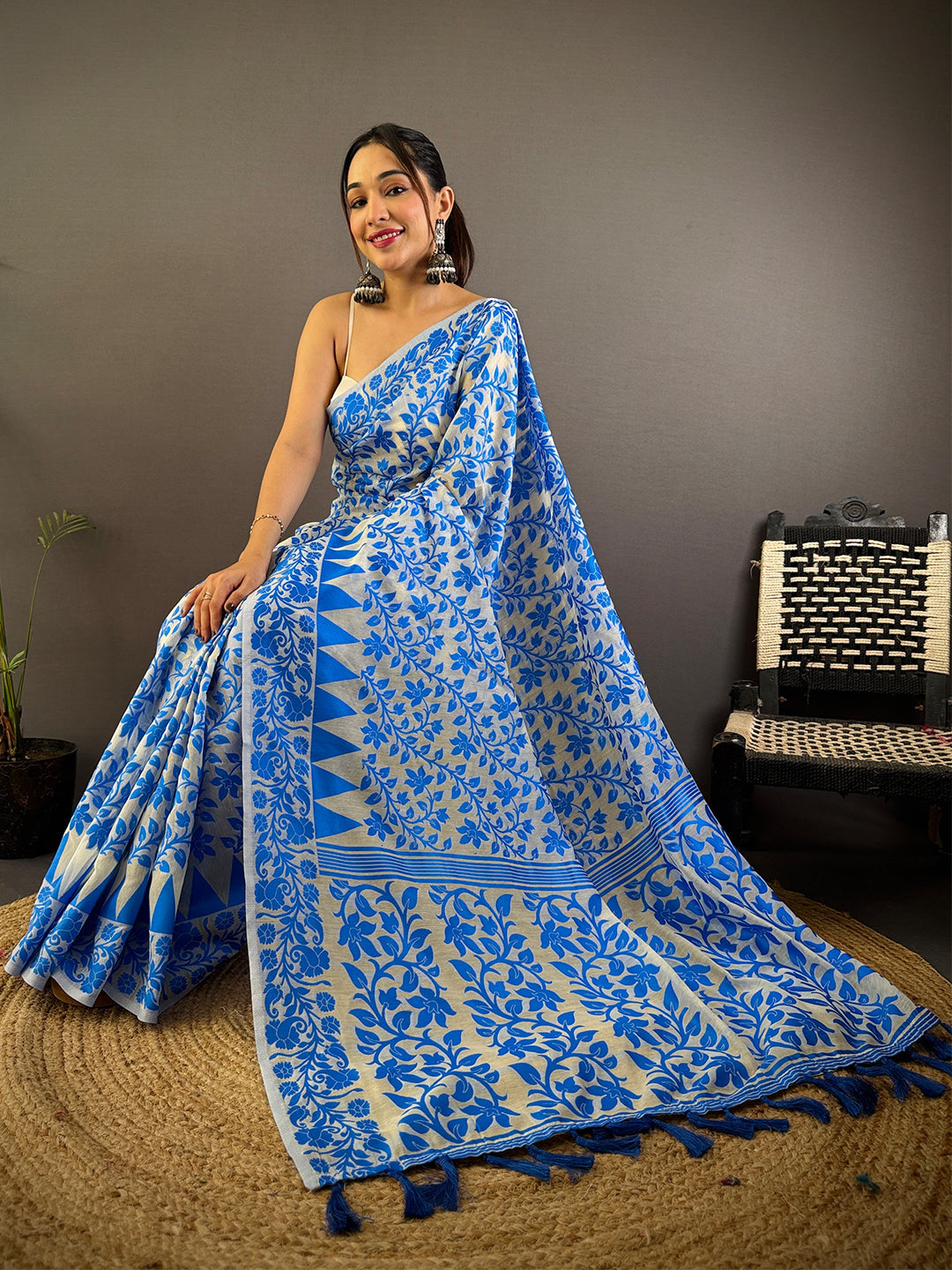 Sky Blue Dhakai Jamdani Cotton Silk Saree by My Store
