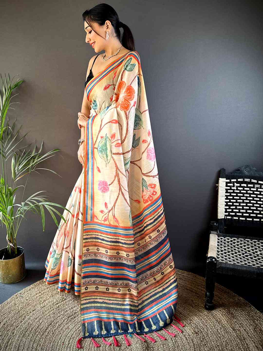 Floral Sunlit Yellow Chanderi Saree by My Store