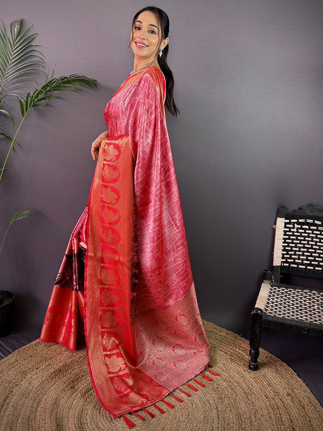 Radiance Soft Cherry Satin Kalamkari Print Saree by My Store