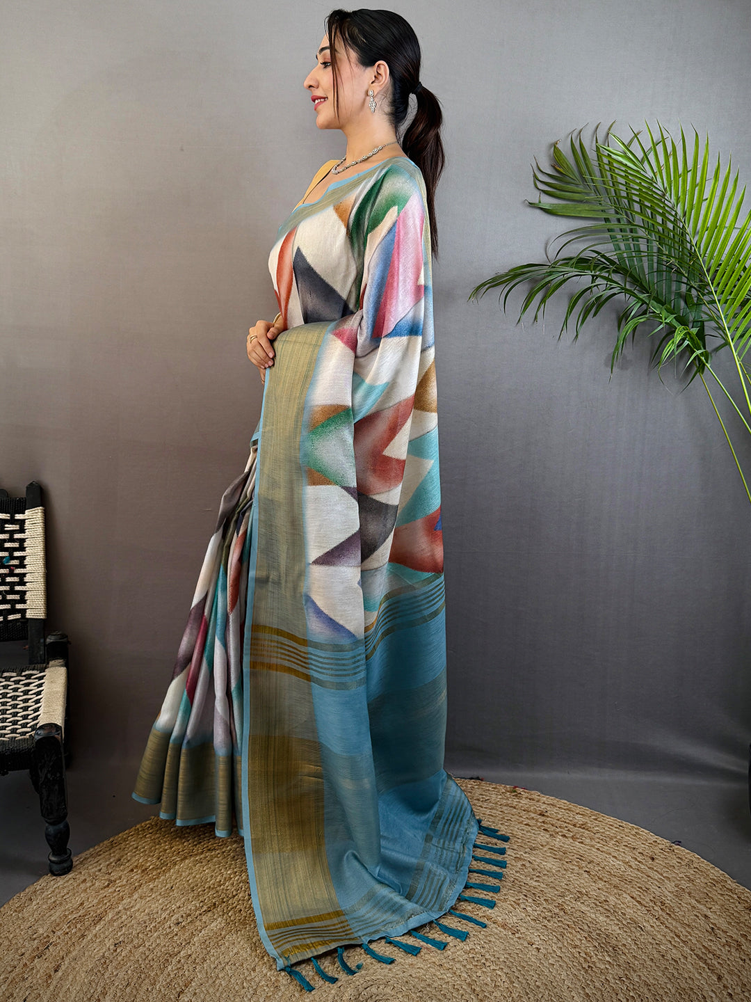 Sky Blue Geometric Kalamkari Linen Saree by My Store