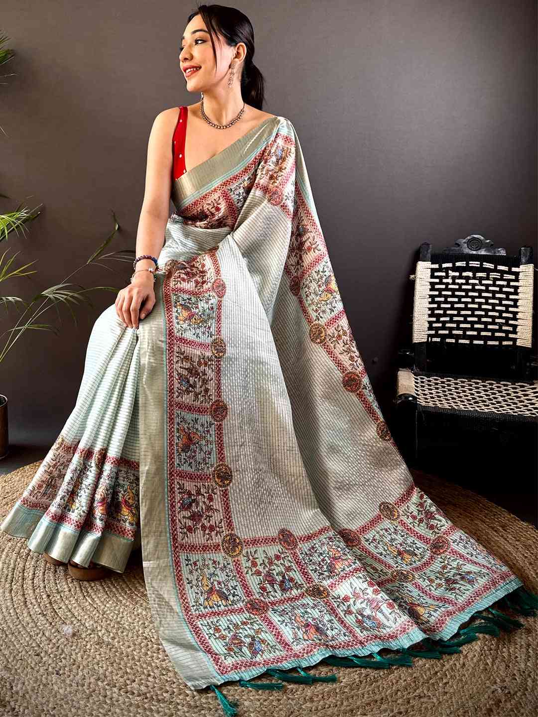 Graceful Mint Green Soft Silk Chex Saree by My Store