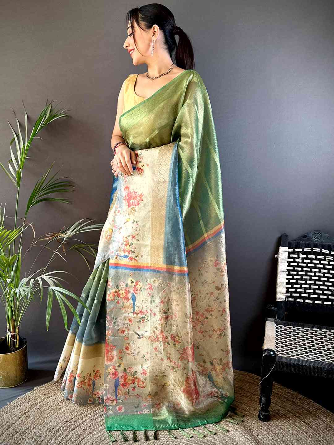 Dark Green Ombre Zari Tissue Digital Print Saree by My Store