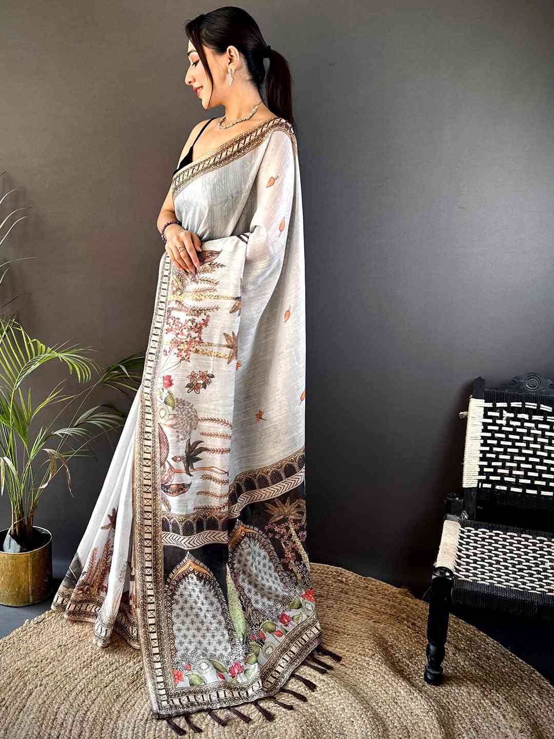 Grey Tissue Floral Leaf Print Saree by My Store