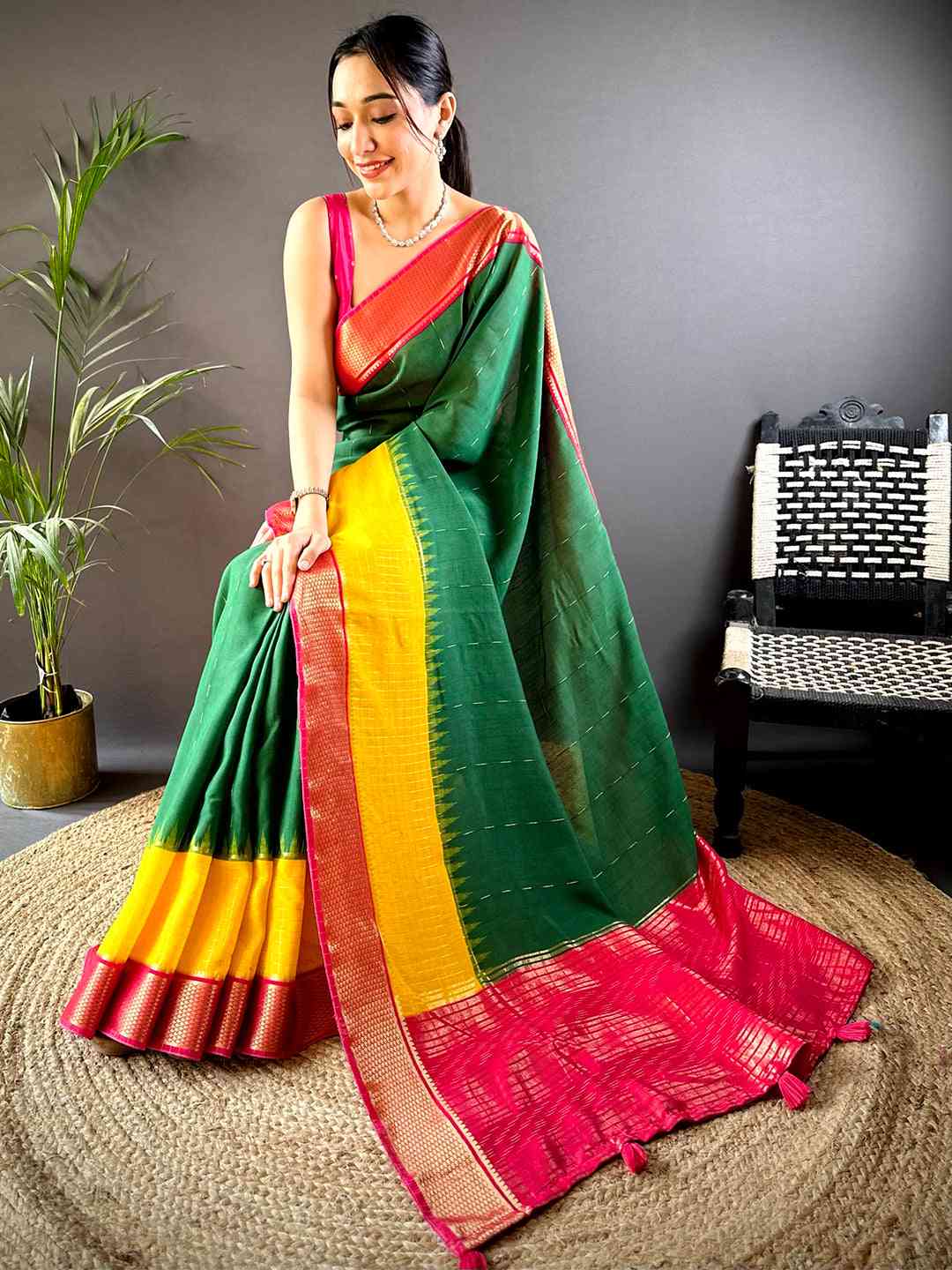Green Zari Pallu Cotton Viscose Saree by My Store