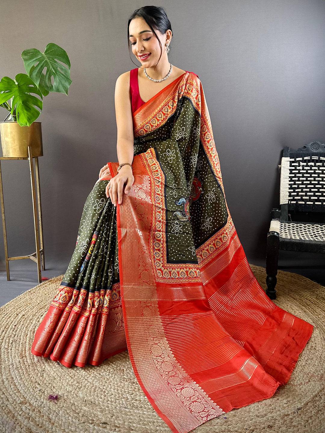 Olive Bloom Dola Silk Bandhej Saree by My Store