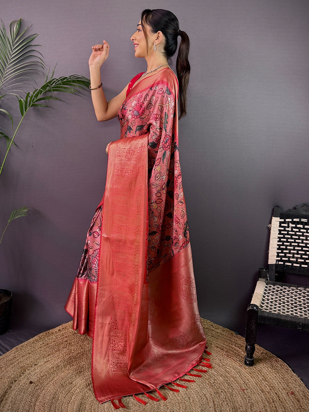 Dark Peach Cherry Satin Kalamkari Saree by My Store