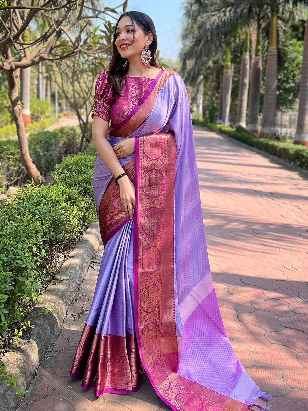 Lavender Aura Soft Silk Saree With Kanjivaram Weaving Broced Zari Blouse by My Store