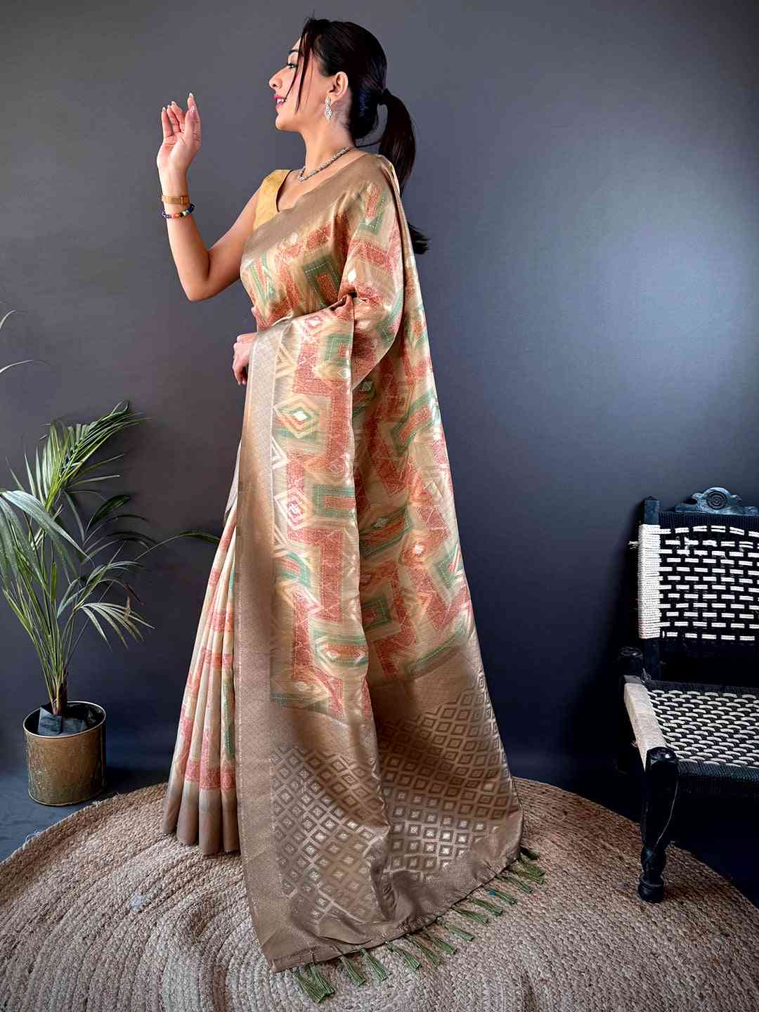 Beige Banarasi Silk Katan Geometric Saree