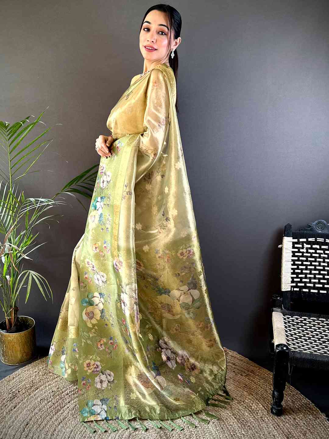 Pista Tissue Digital Floral Saree by My Store