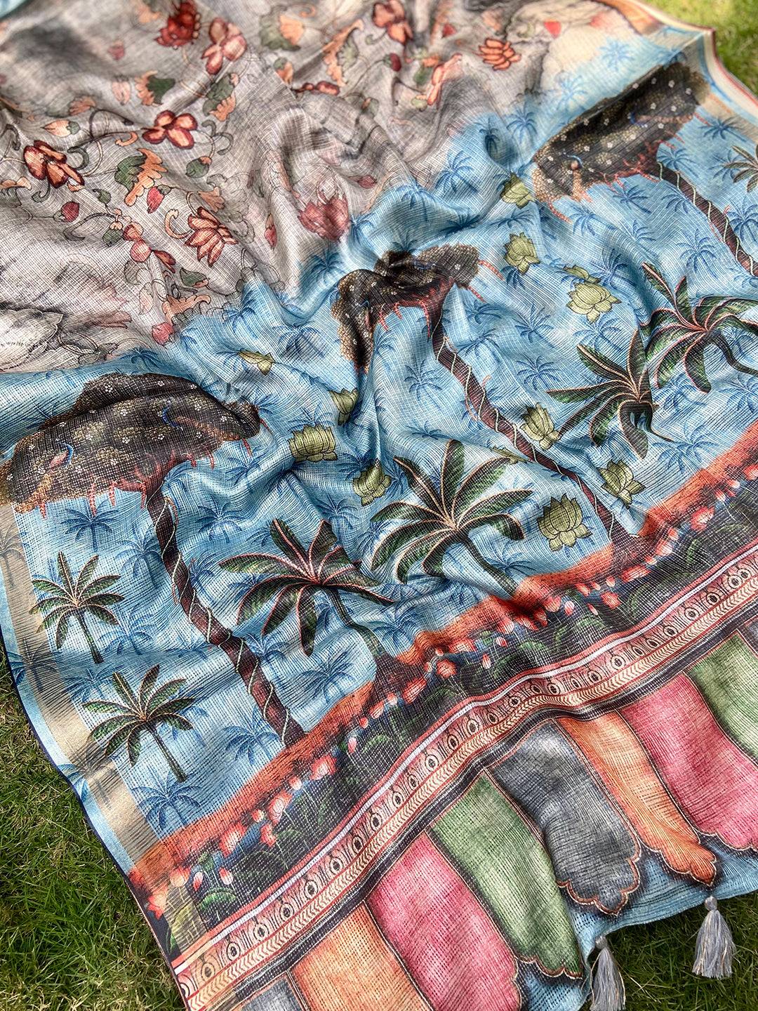 Grey Kota Doriya Silk Saree With Floral Print by My Store