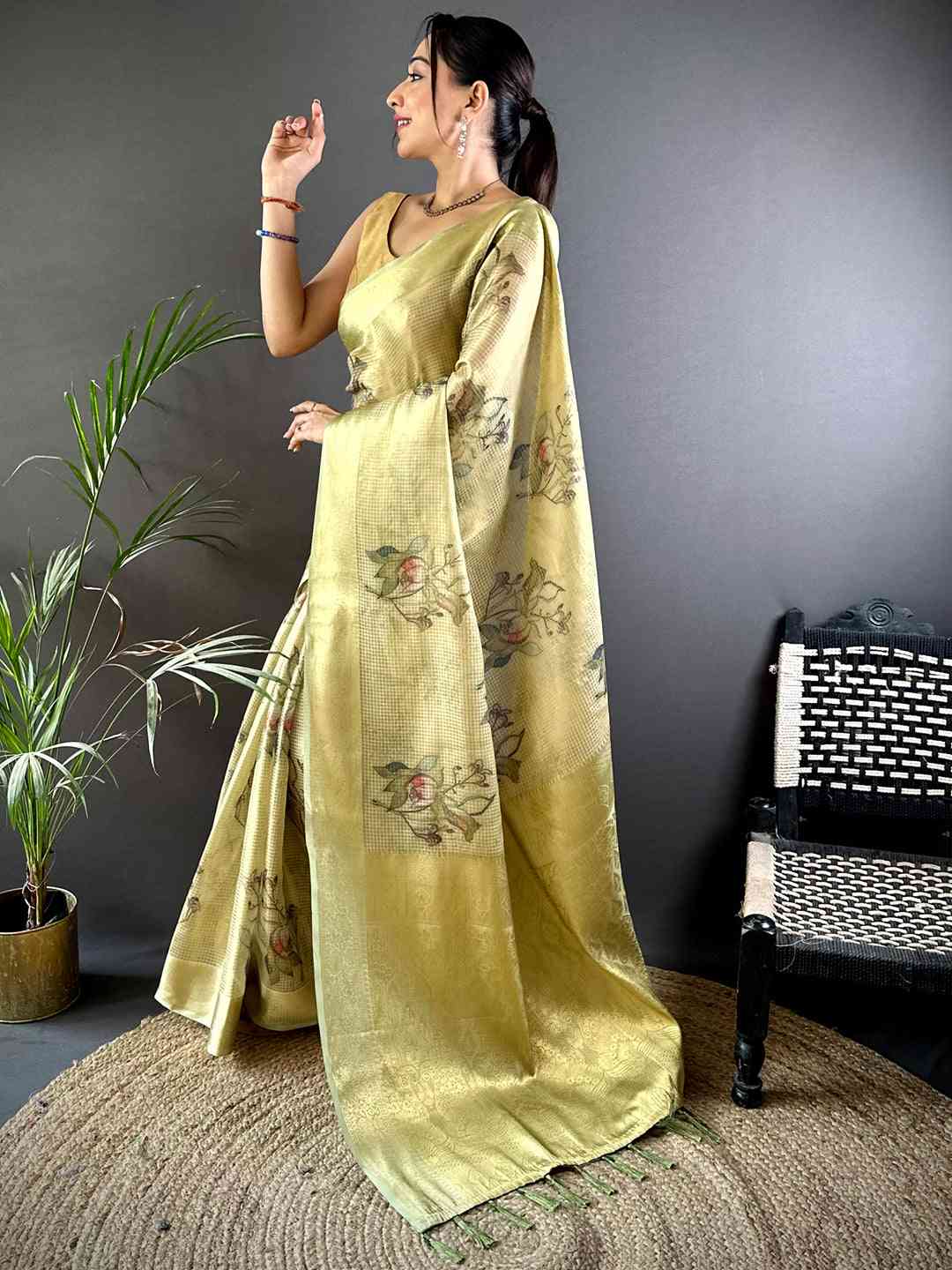 Stylish Olive Self Gold Zari Floral Print Saree by My Store