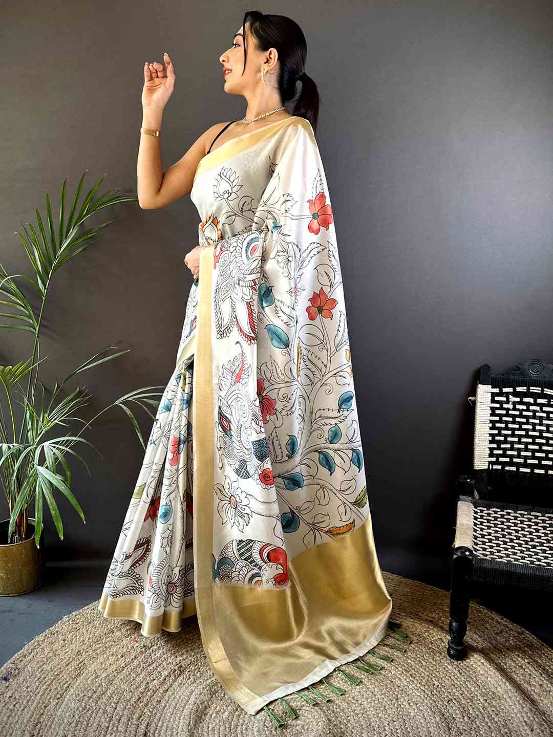 Radiant Pen Kalamkari Soft Tissue Silk Saree by My Store