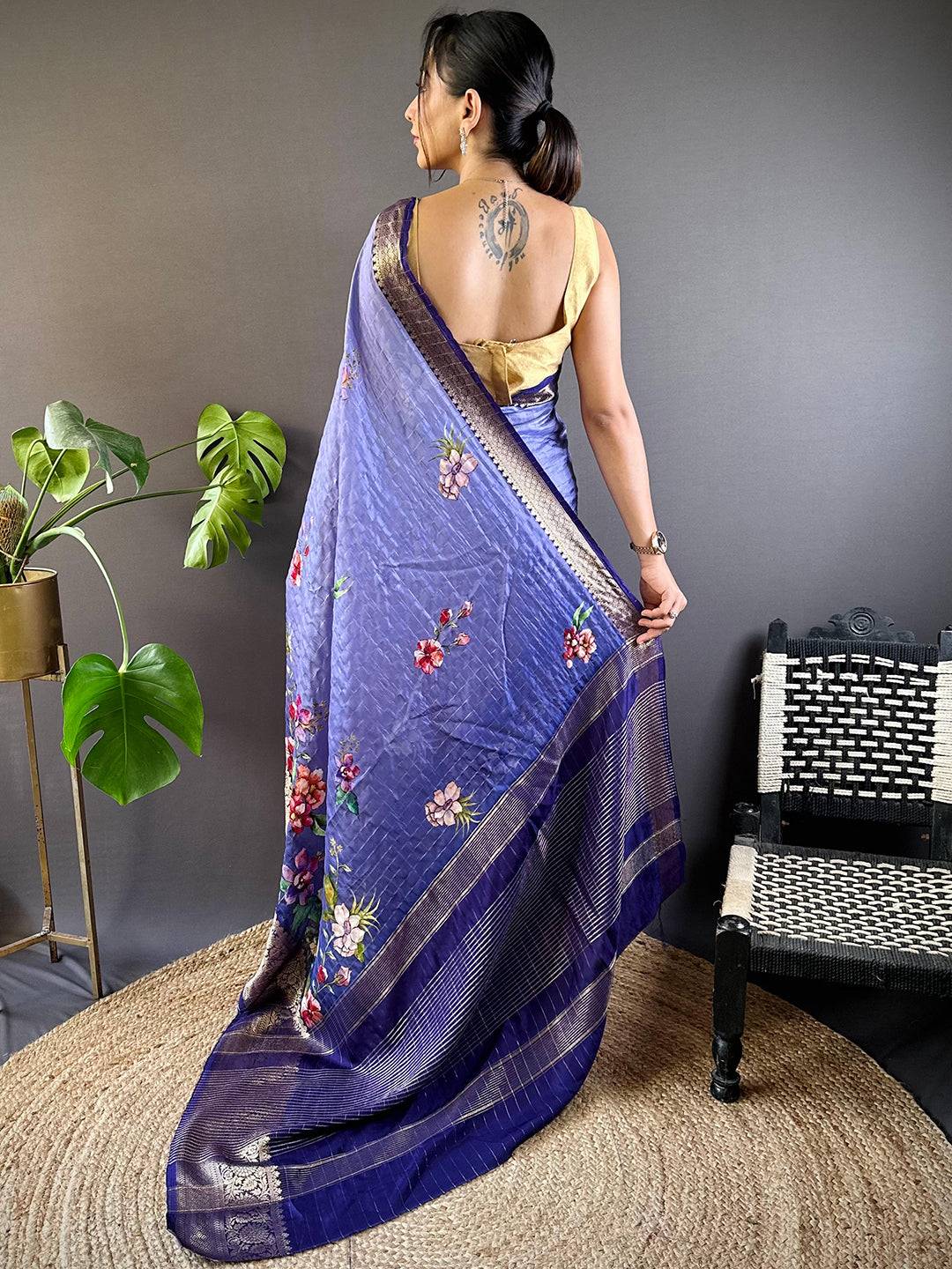 Iris Floral Zari Chex Saree by My Store