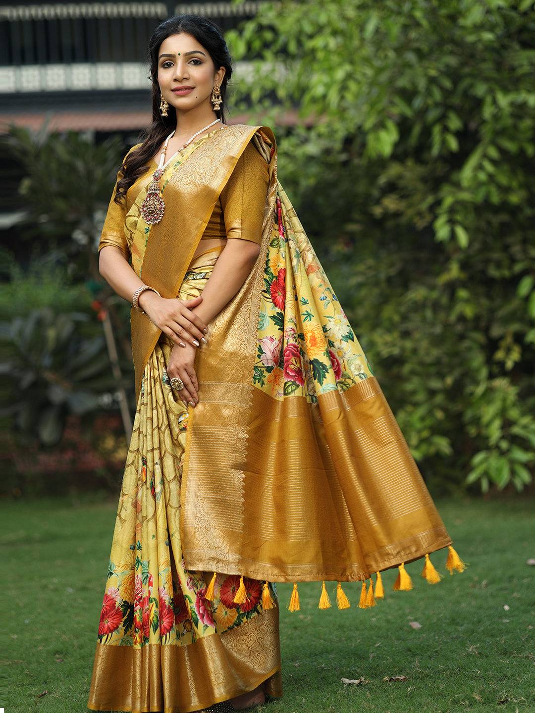 Yellow Colour Pure Viscose Dola Silk Floral & Mughal Print Saree - Luxe