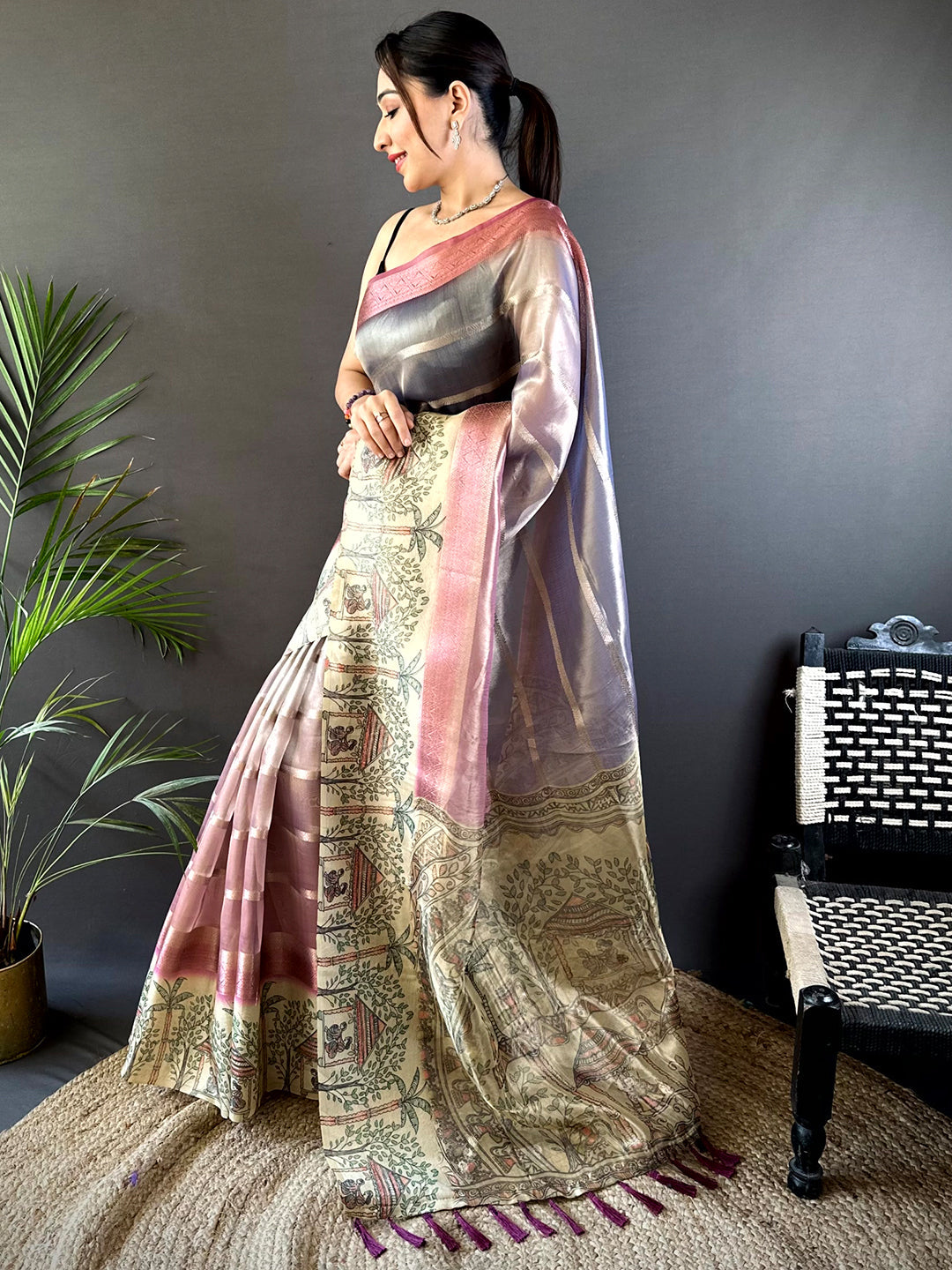 Pink Tissue Madhubani Print Saree by My Store