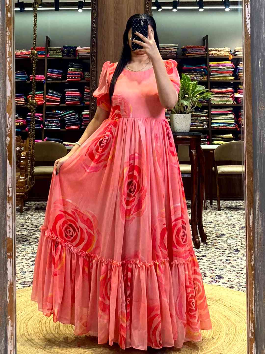 Coral Floral Georgette Dress by My Store
