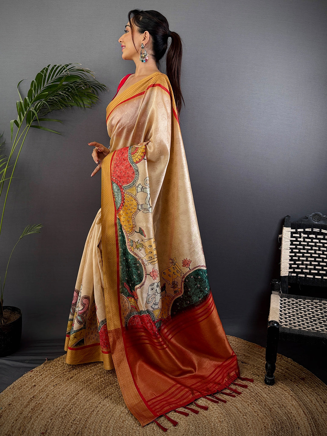 Cream Tussar Silk Kalamkari Print Saree by My Store